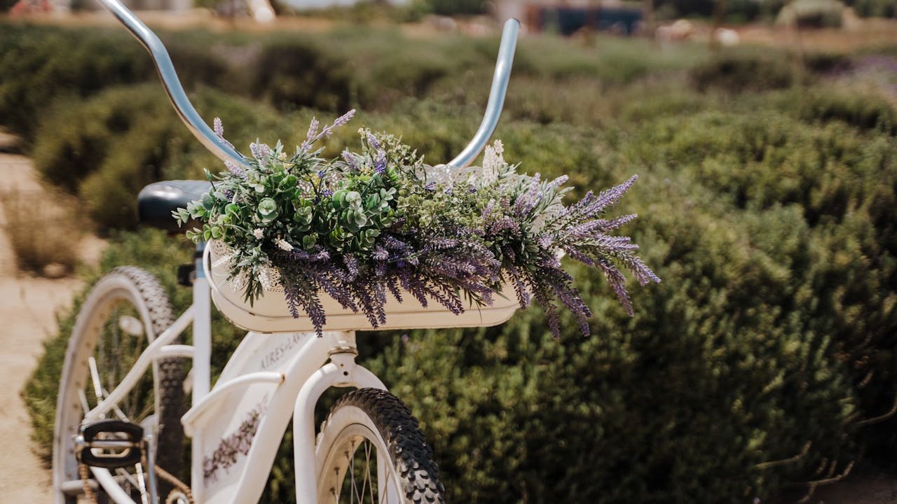 Ein Fahrrad als mediterraner Blumenständer